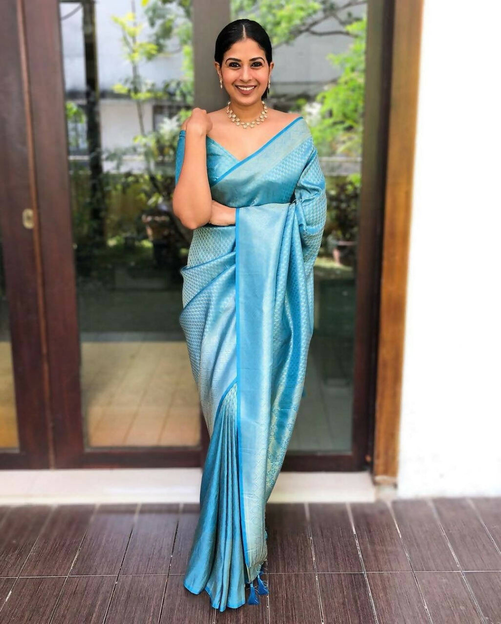 DEIANA'S Beautiful Designer Golden zari Soft Lichi Silk Saree - Sky