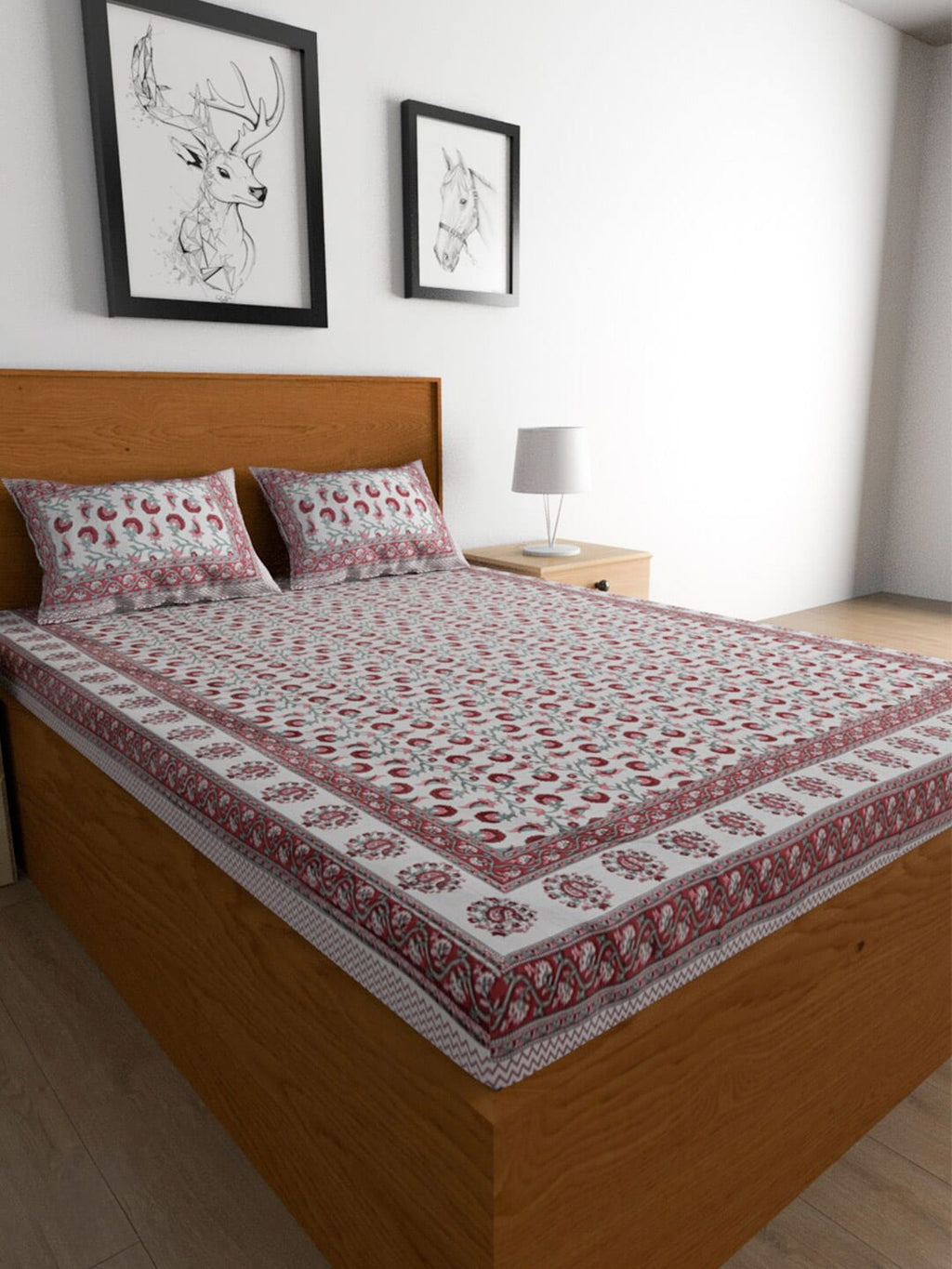 Urban Magic Pink & White Ethnic Motifs Cotton 104 TC King Bedsheet & 2 Pillow Covers