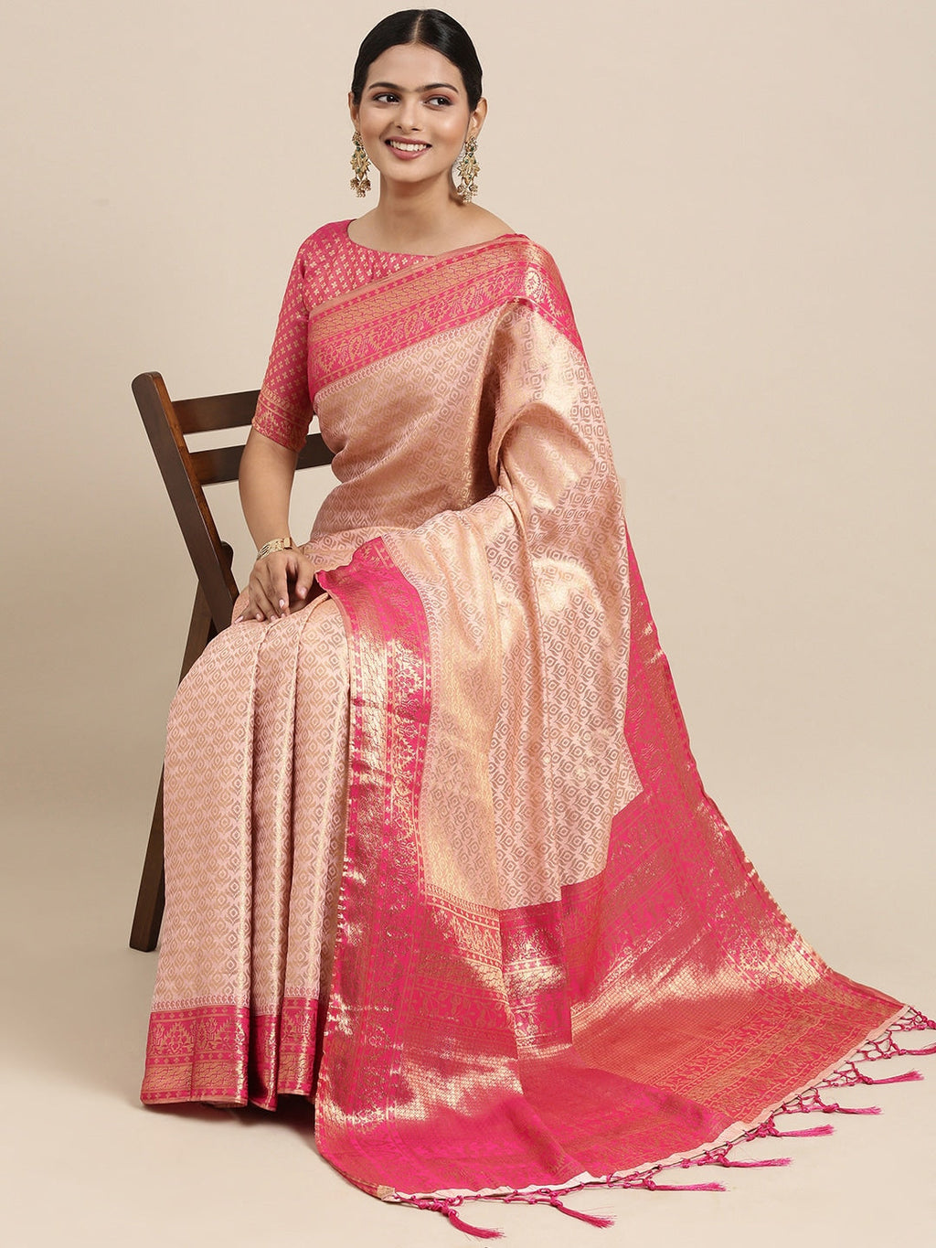 Saree Mall Peach-Coloured Ethnic Motifs Zari Silk Blend Banarasi Sarees