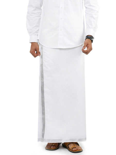 Ramraj Cotton Mens Pure Cotton 1" Silver Jari Dhoti - White