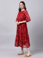 Souchii Maroon Floral Layered Chiffon A-Line Midi Dress - Distacart