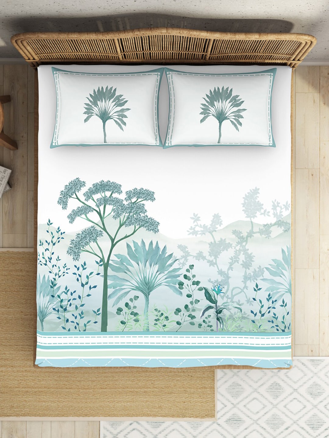 SPACES Kalakari Haath Teal Green Print Pure Cotton 210 TC King Bedsheet & 2 Pillow Covers