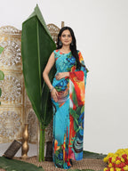 Shivam Fabrics Blue Georgette Fabric Printed Saree - Distacart