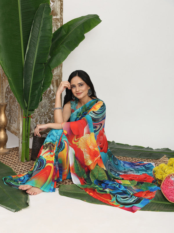Shivam Fabrics Blue Georgette Fabric Printed Saree - Distacart