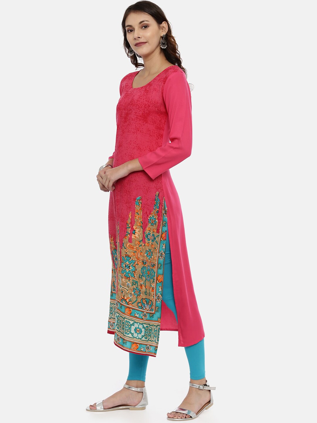 Souchii Pink & Mustard Yellow Printed Straight Kurta - Distacart