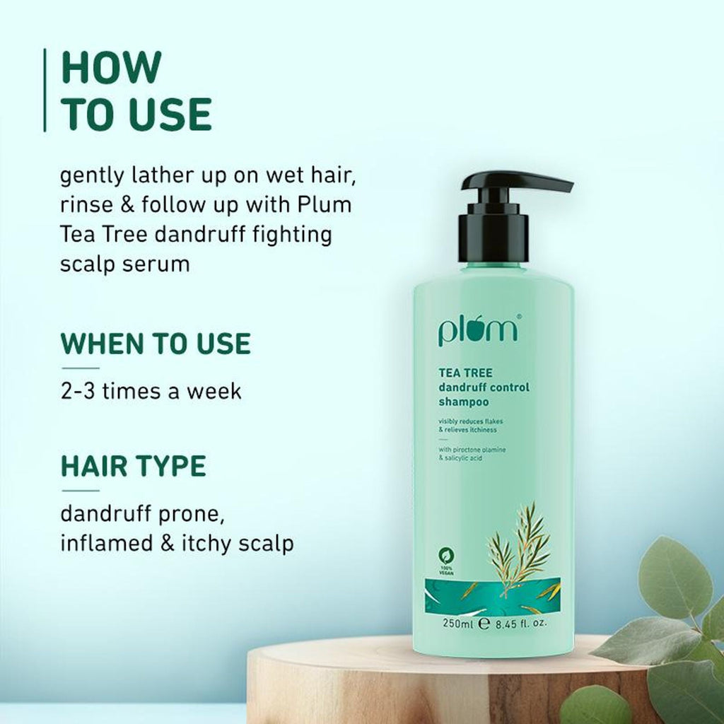 Plum Tea Tree Dandruff Control Shampoo, Paraben-Free with Piroctone Olamine