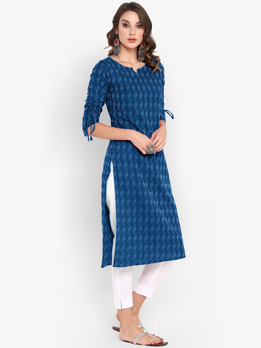 Janasya Blue Woven Design Straight Kurta - Distacart