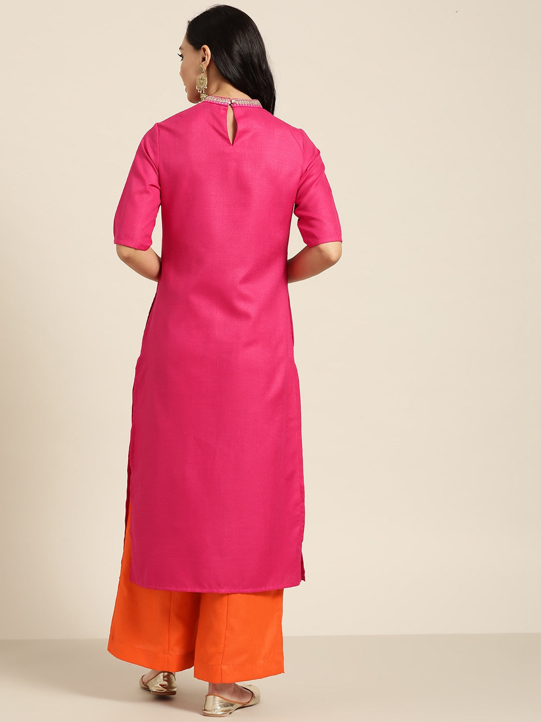 Sangria Women Pink & Orange Solid Thread Work Kurta with Palazzos