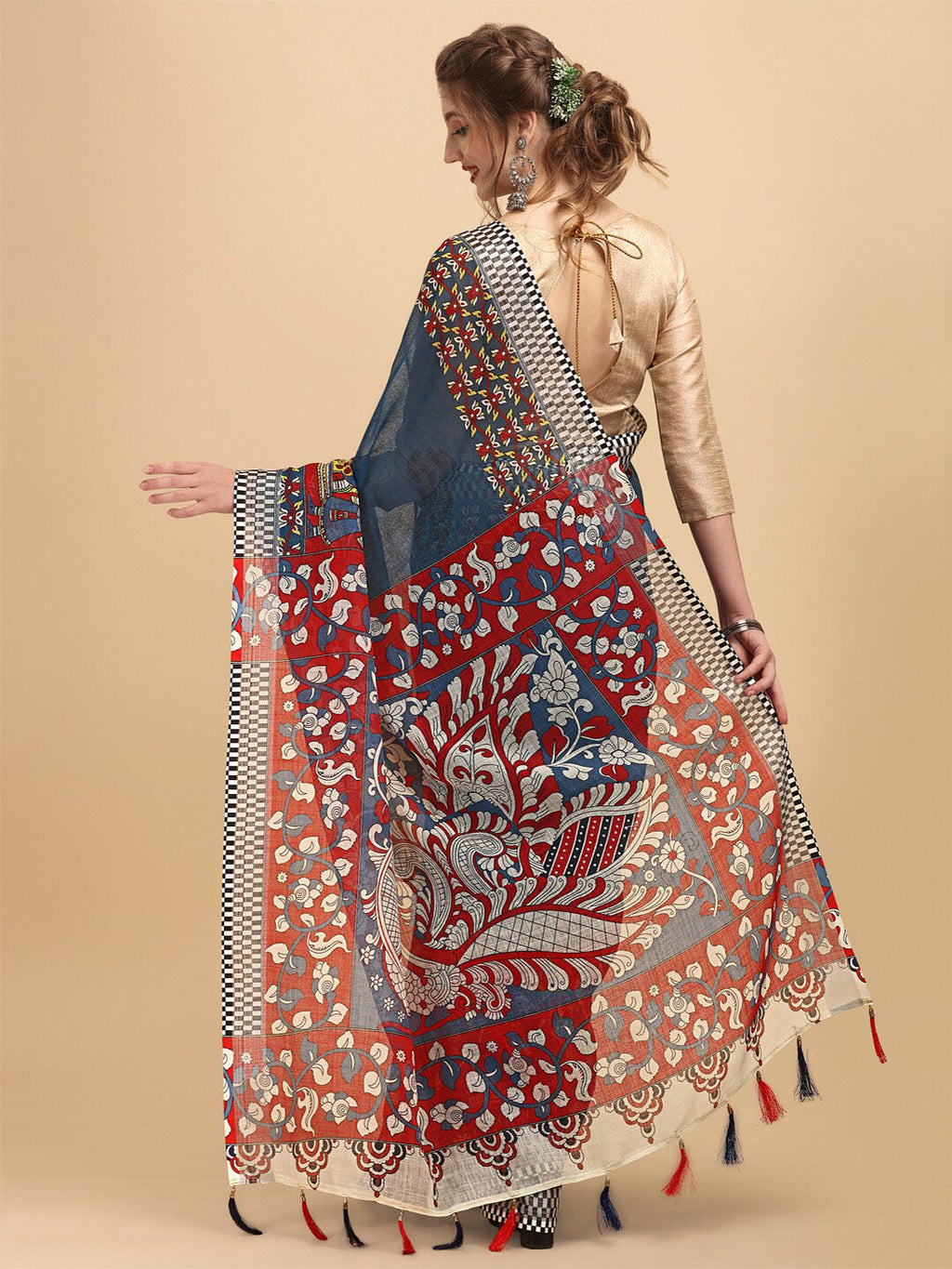 Sangria Ethnic Motif Printed Pure Linen Saree - Distacart