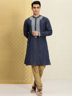 House of Pataudi Men Navy Blue Embroidered Striped Pattern Jashn Kurta
