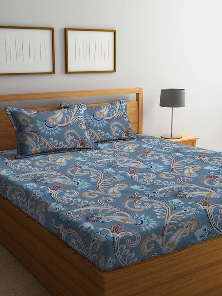FABINALIV Grey & Brown Etnic Motifs 300 TC Fitted King Bedsheet With 2 Pillow Covers