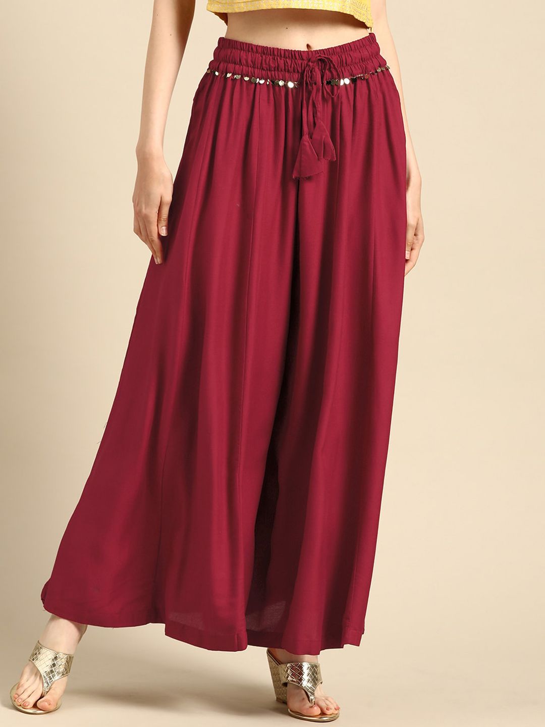 TAG 7 Women Black & Maroon Solid Flared Palazzos