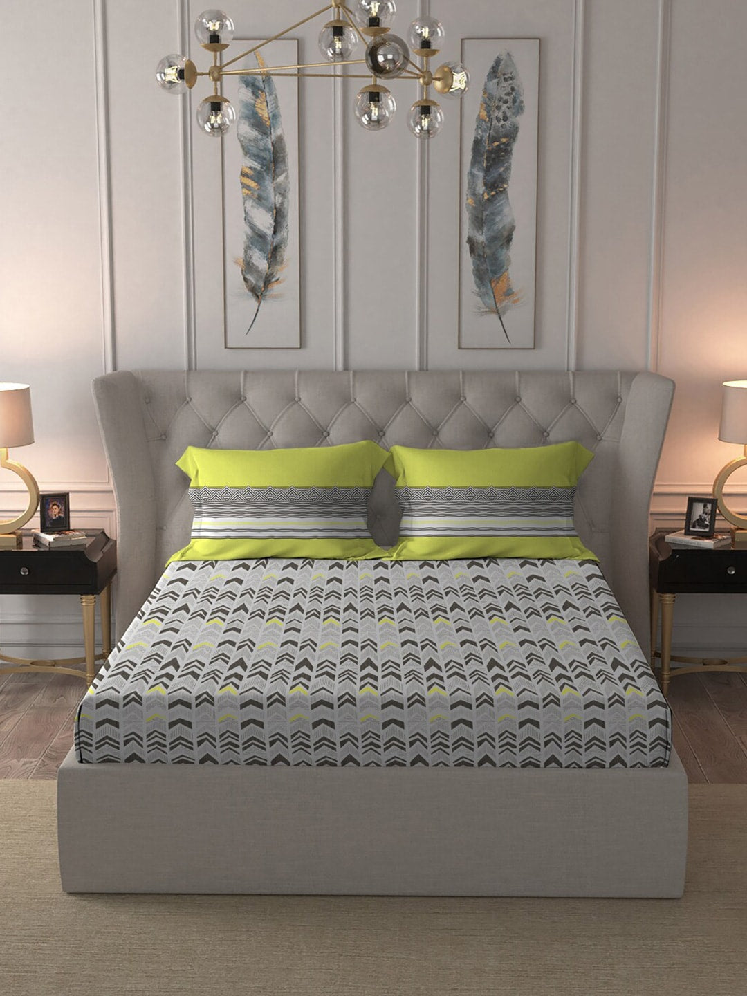 MYTRIDENT Grey Green Geometric Cotton 144 TC Queen Bedsheet With 2 Pillow Covers