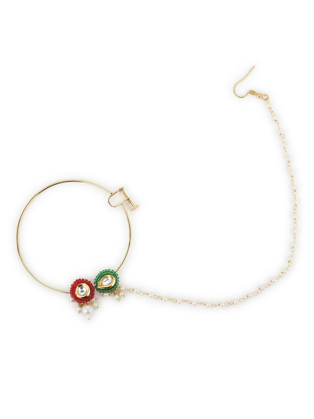 Gold-Plated White Red Stone-Studded Pearl Beaded Nosepin - Ruby Raang - Distacart