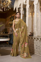 Vastranavya Brown Spectacular Georgette Printed with Pearl Lace Saree with Unstitched Blouse - Distacart