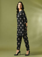 Myshka Women's Black Printed Cotton Round Neck Party Tunic With Trousers Co-ord set