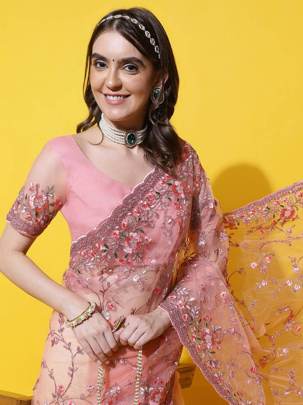 kasee Floral Embroidered Net Saree - Distacart