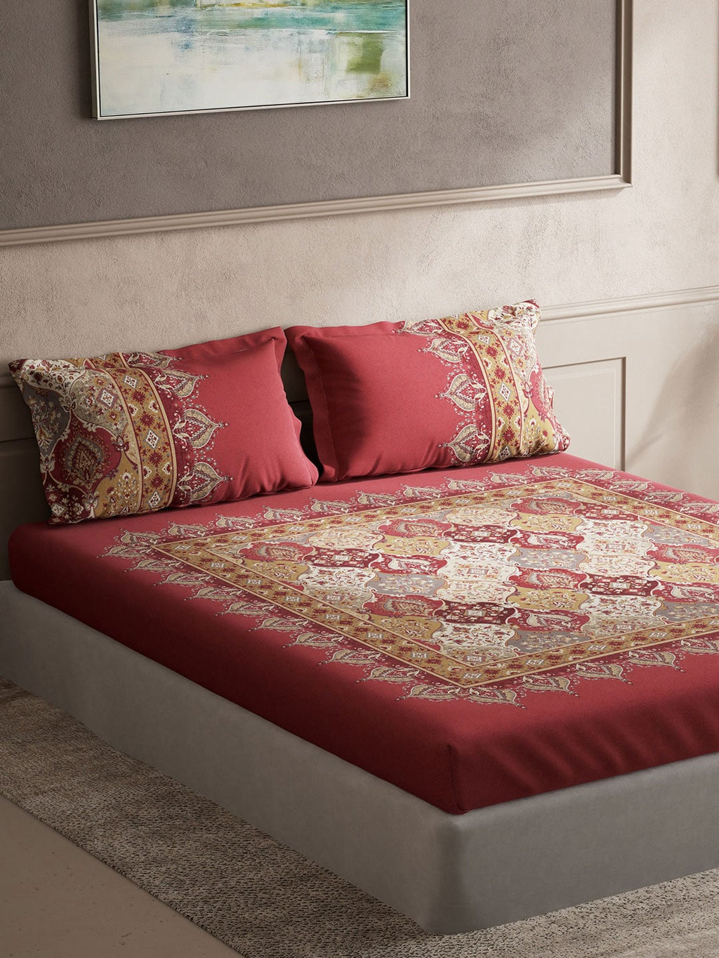 DDecor Red & White Ethnic Motifs Cotton 140 TC King Bedsheet with 2 Pillow Covers