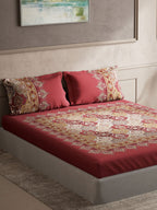 DDecor Red & White Ethnic Motifs Cotton 140 TC King Bedsheet with 2 Pillow Covers