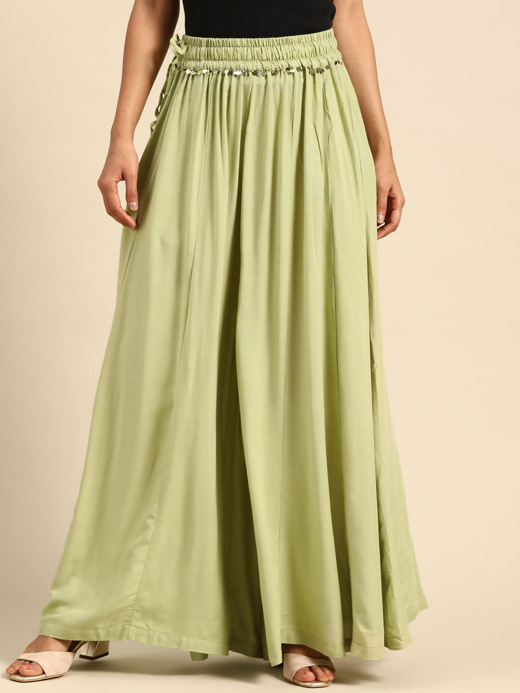 TAG 7 Women White & Green Solid Flared Palazzos