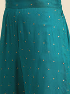 Sangria Women Teal Green & Golden Floral Embroidered Kurta with Trousers