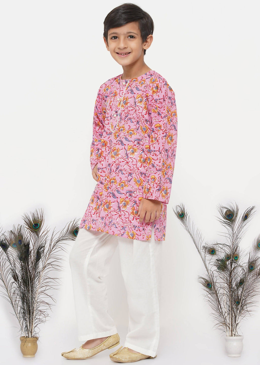 Little Bansi Boys Cotton Block Print Floral Kurta with Pearl Buttons & Pyjama in Pink & Cream