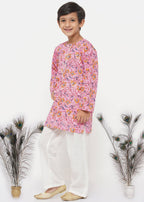 Little Bansi Boys Cotton Block Print Floral Kurta with Pearl Buttons & Pyjama in Pink & Cream