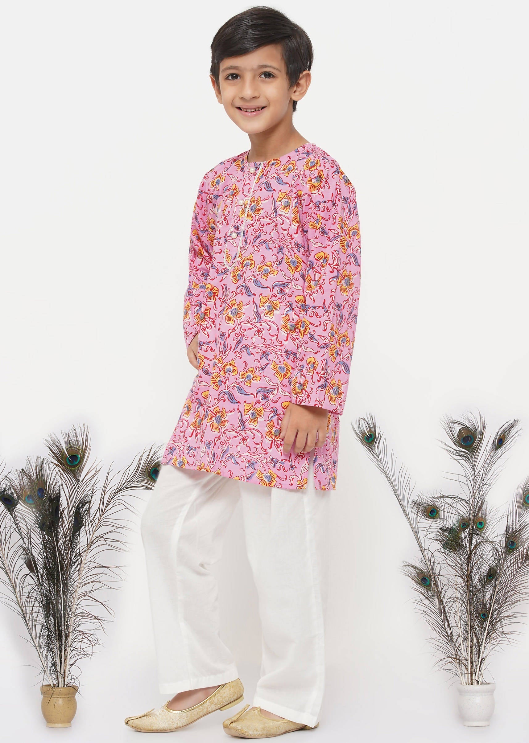 Little Bansi Boys Cotton Block Print Floral Kurta with Pearl Buttons & Pyjama in Pink & Cream