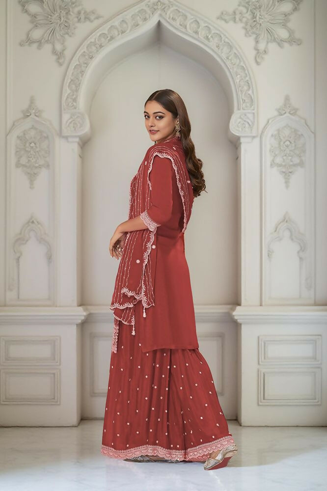 Ethnic Festive Wear Premium Chinon Fabric Rust orange Stitched Suit With Dupatta-Zeeya