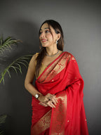 Joban Fashion Red Banarasi Cotton Silk Woven Saree - Distacart