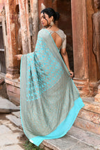 Joban Fashion Teal Green Crepe Chiffon Pure Handloom Banarasi Silk Saree