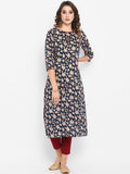 Janasya Navy Blue Ethnic Motifs Printed Regular Pure Cotton Kurta with Trousers - Distacart
