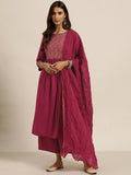 Sangria Women Magenta & Golden Printed Kurta with Palazzos & Dupatta