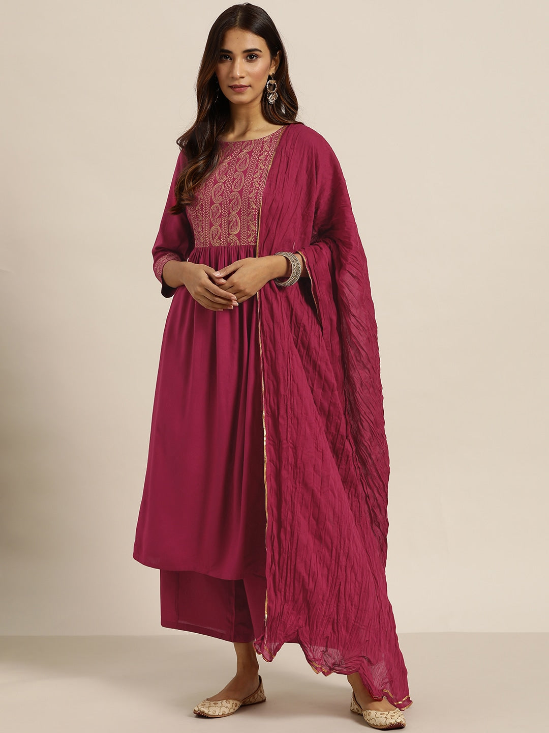 Sangria Women Magenta & Golden Printed Kurta with Palazzos & Dupatta