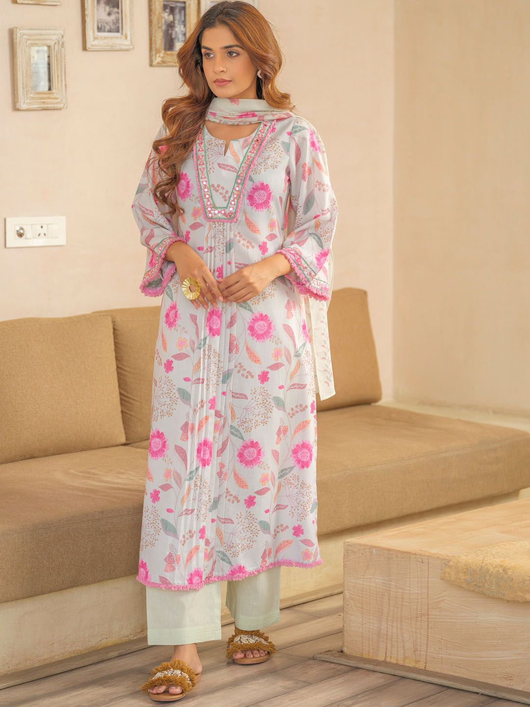 Sangria Floral Printed Pleated A-Line Kurta With Palazzos & Dupatta