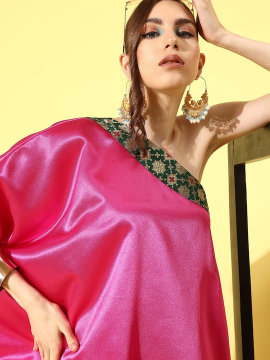 InWeave Women's Pink Green Brocade Satin Oneshoulder Kurta Set
