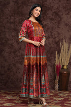 Juniper Women's Maroon Dull Satin Printed Anarkali Dress - Distacart