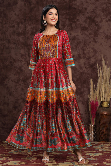 Juniper Women's Maroon Dull Satin Printed Anarkali Dress