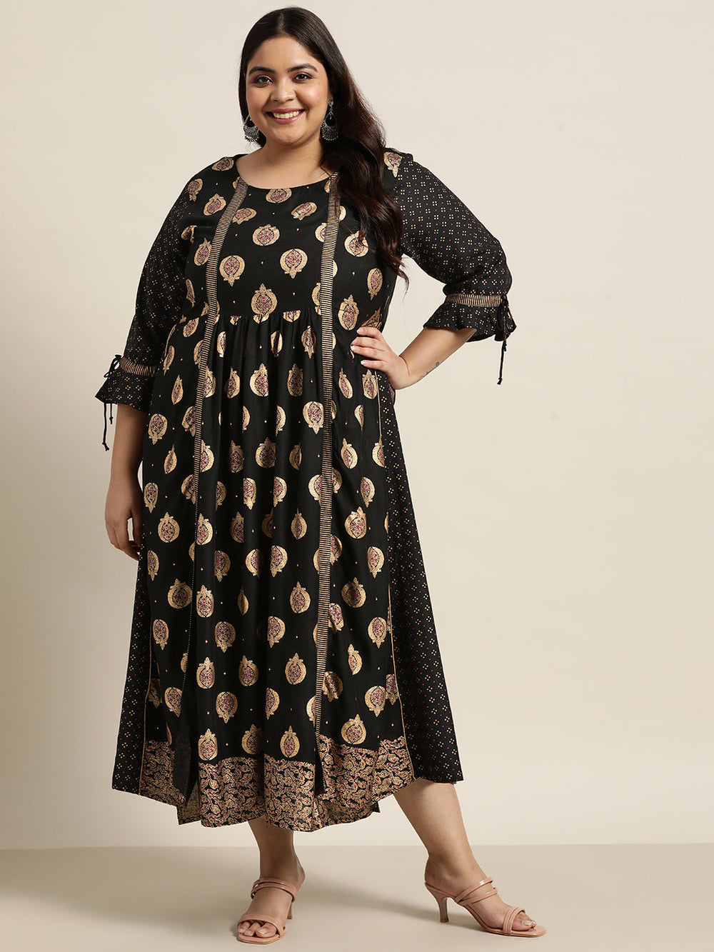 Juniper Women's Black Rayon Festive Wear Printed Jacket Style Dress - Distacart