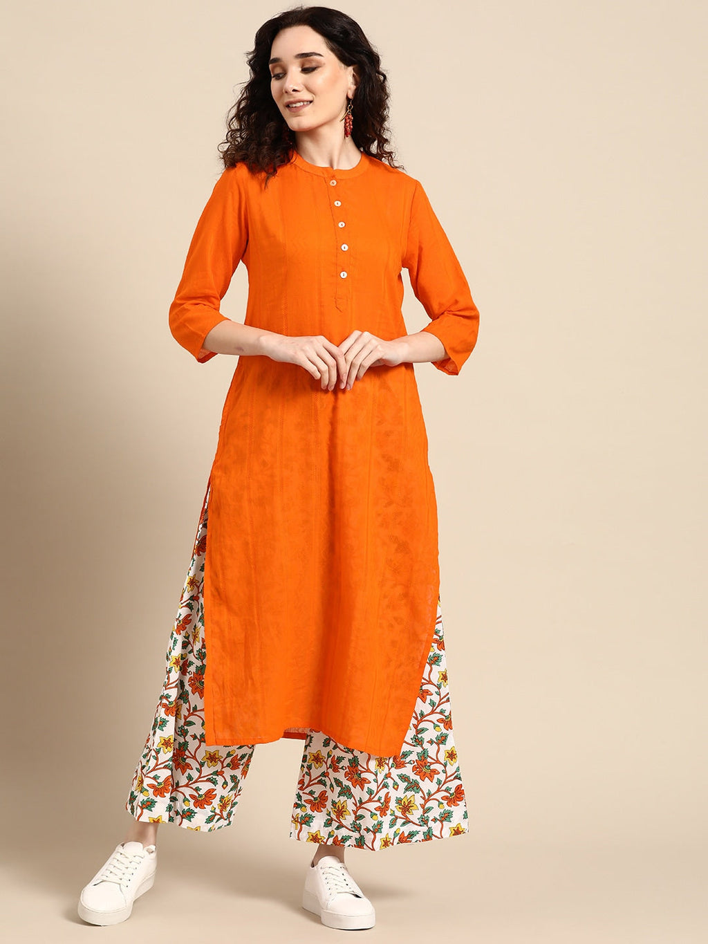Sangria Women Orange Pure Cotton Kurta with Palazzos