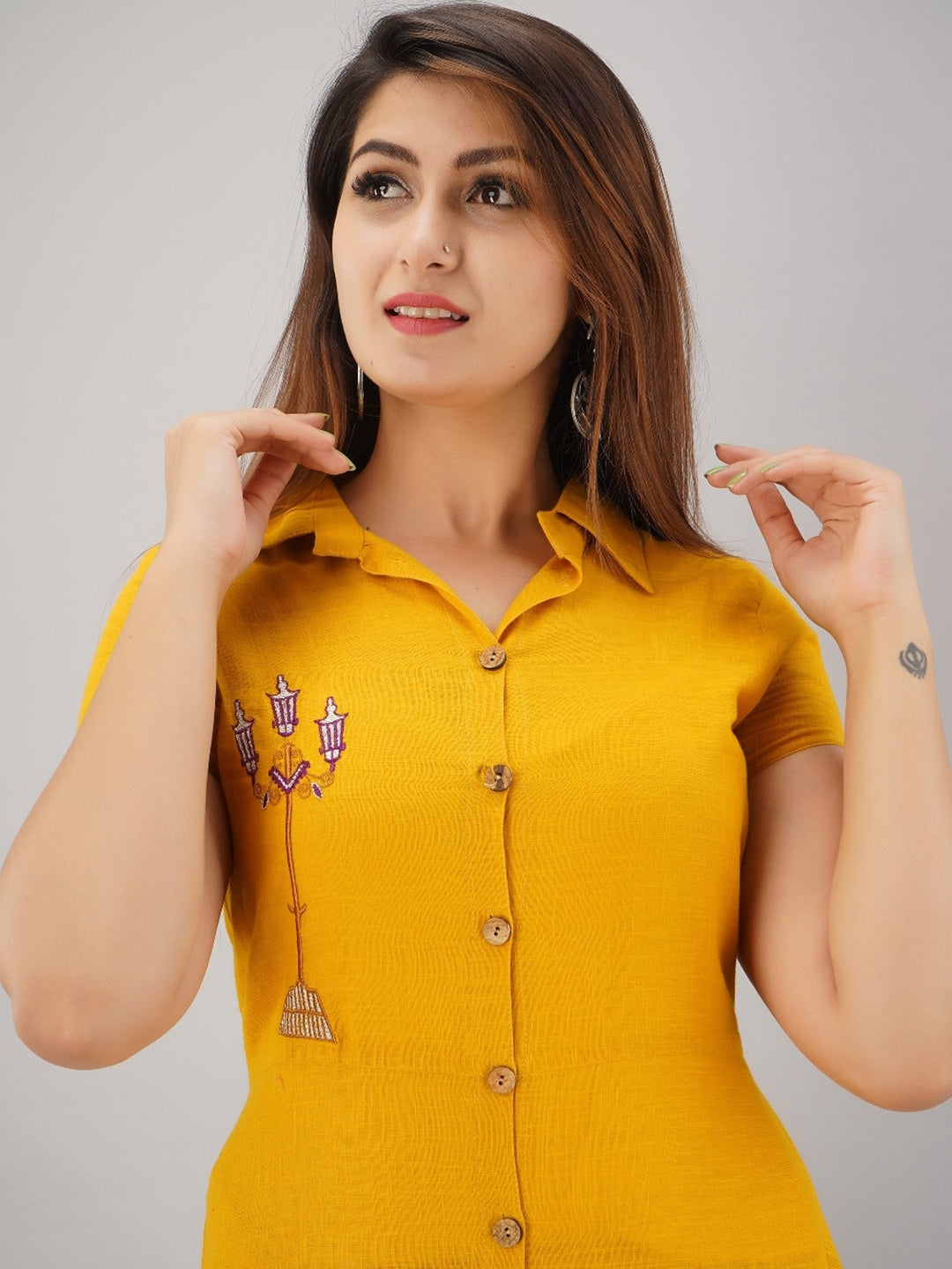 HERE&NOW Mustard Yellow Shirt Collar Thread Work A-Line Kurta