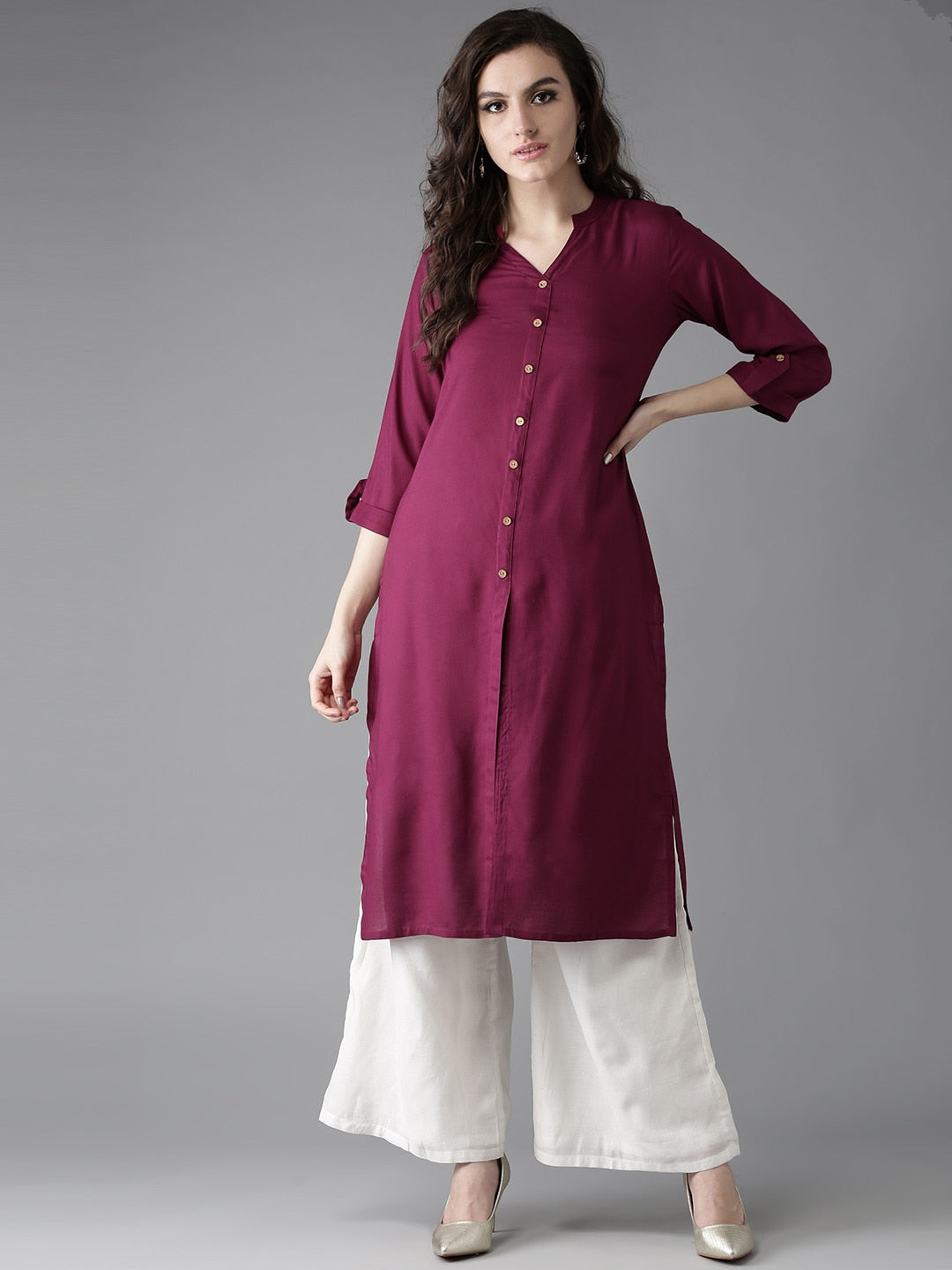 HERE&NOW Women Burgundy Solid Straight Kurta
