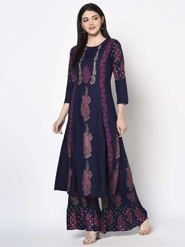 Aniyah Rayon Navy Blue Color Block Print Flared Slip-On Palazzo (AN-216K)