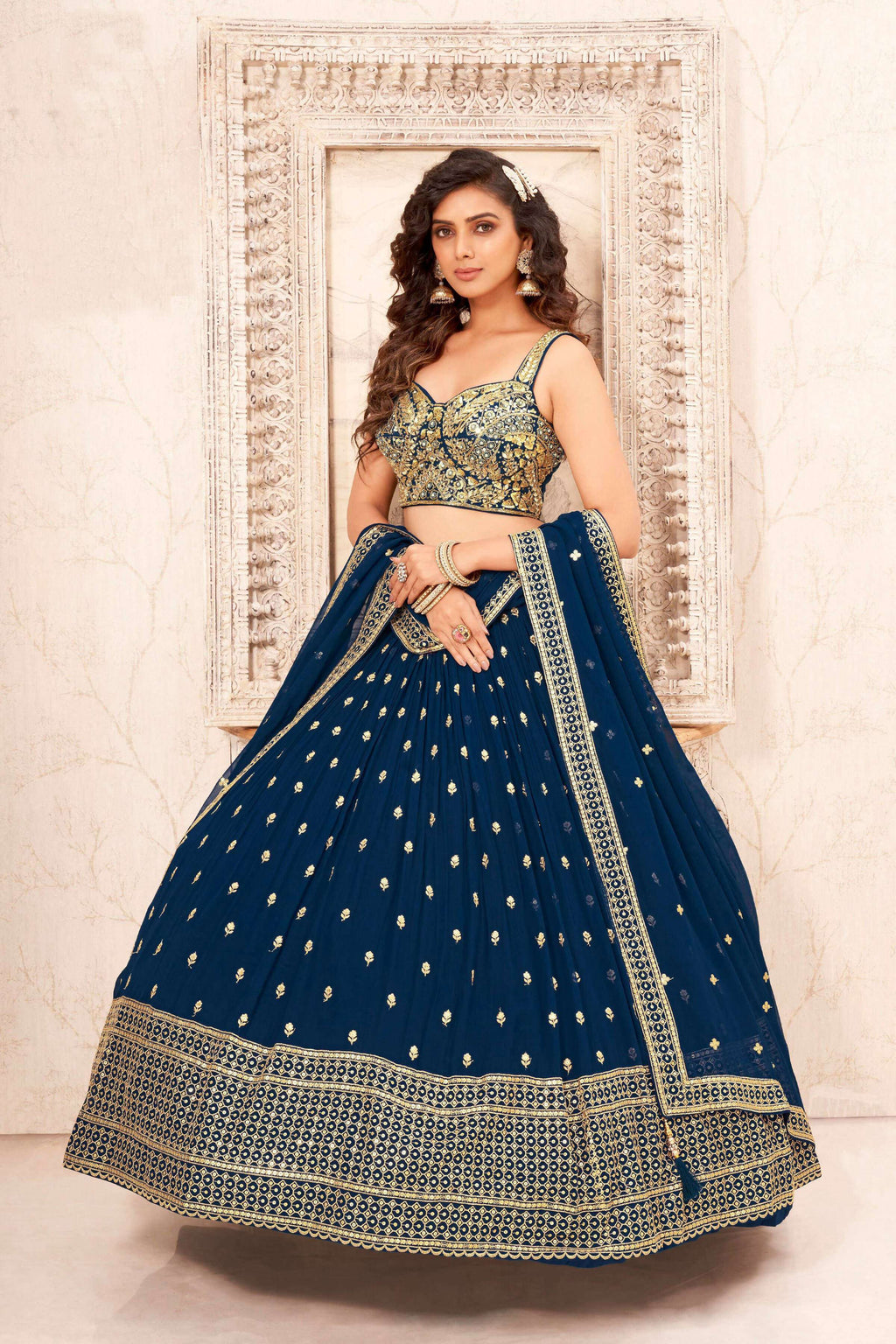 Teal Faux Georgette Embroidery sequence work Lehenga Choli with Dupatta - Dhvani