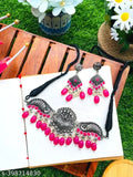 Tehzeeb Creations Women's Silver Plated Necklace Set With Rani Colour Pearl