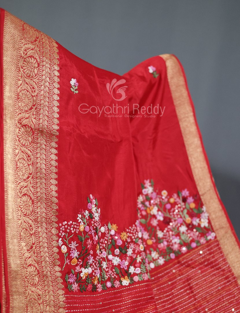 Vibrant Bright Red With Floral Motifs Pure Dola Silk Saree By Gayathri Reddy Designer Studio