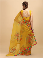 Sangria Mustard & Orange Floral Mirror Work Organza Saree - Distacart