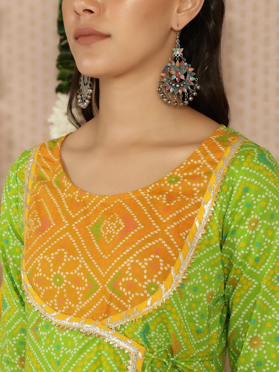 Aks Bandhani Printed Gotta Patti Pure Cotton Angrakha Kurta With Palazzos