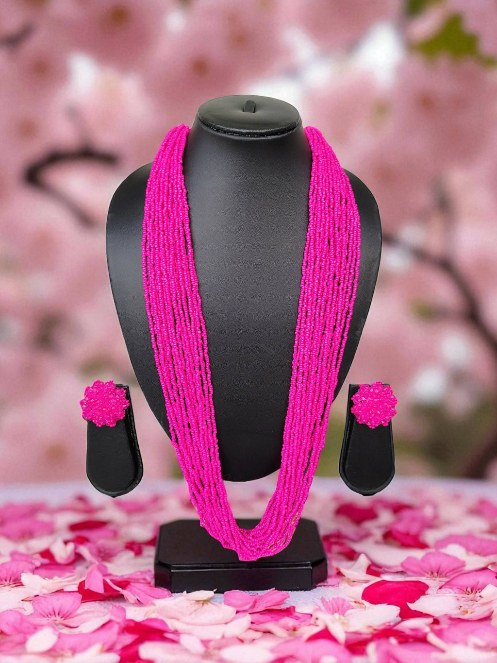 Inhanns Rangsaaz 20-Layer Luxe Long Beaded Necklace (With Optional Statement Earrings) - Pink With Earring