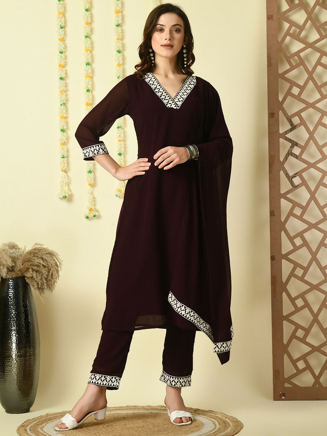 Myshka Women's Coffee Brown Georgette Kurta & Trousers With Dupatta Party Sets